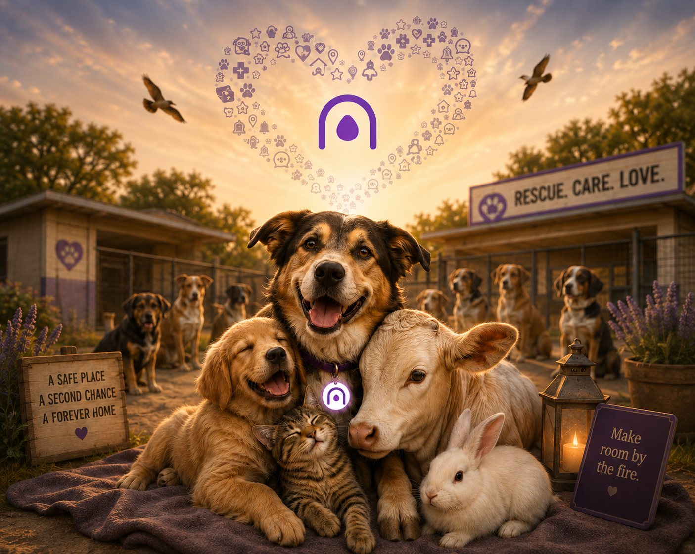 A rescued dog, a golden puppy, a kitten, a calf and a rabbit resting together on a blanket at a shelter at sunset, beneath a heart of paw prints and the Hearthen mark.